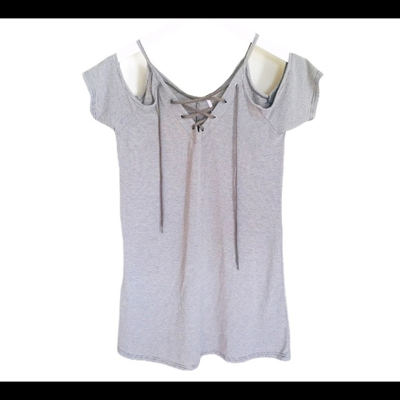 POOF! (Nordstrom) Cold Shoulder Mini Dress With Lace Up Detail Grey Stripe Large - Picture 5 of 13